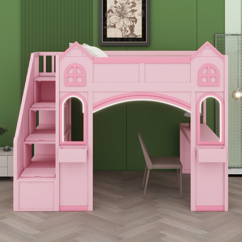 Lit mezzanine avec escalier de rangement, bureau, fenêtres, tablettes et éclairage à DEL, conception de château