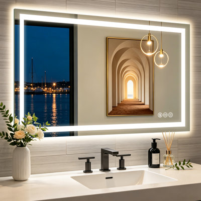 Miroir de salle de bain à DEL avec lumières avant et rétroéclairé UL, antibuée, température réglable en 3 couleurs, fonction mémoire, miroir mural en verre trempé