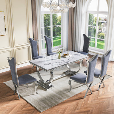 7 Pieces Luxury Kitchen Dining Table Set Of 6,70”Faux Marble Top With U-Shape Metal Base Dining Table For Kitchen, Dining Room