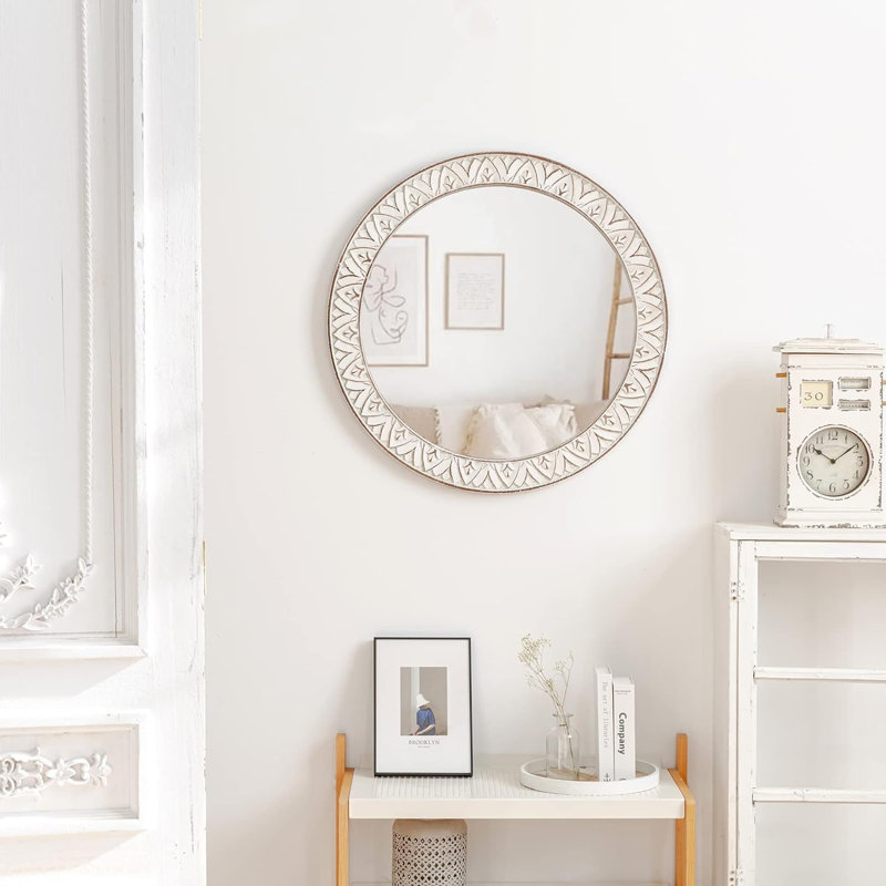 24" Round Mirror Farmhouse Wooden Frame Circle Mirrors, Rustic Decorative Distressed Wall Mounted Mirror For Bathroom, Bedroom, Living Room, Entryway, Fireplace, Hall