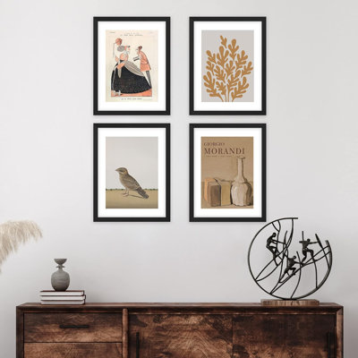 «Morandi Flower Vase Bird Flower Abstract Boho», décor de salle de bain encadré sur papier pour bureau de chambre à coucher, impression de 4 pièces