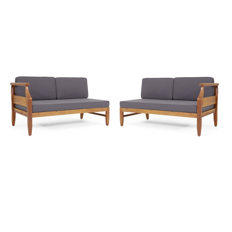 Trishul Outdoor Acacia Wood Sectional Sofa with Cushions, Dark Gray