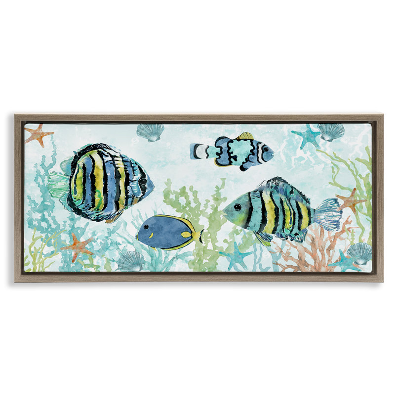  "Divers poissons sous l'eau", art mural encadré par Carol Robinson, H 14 po x l 31 po, Cadre flottant orme Montalcino