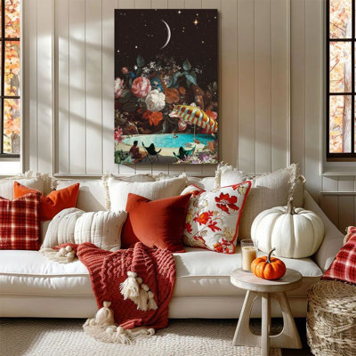 1 Piece Framed Almaraz Painting Night Sky Pool, Flowers and Crescent Moon, Surrealist Art Style Decorative Retro Wall Poster Home Decor Modern Artwork Perfect Gift for Bedroom and Living Room