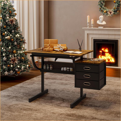 Table basse noire réglable avec 3 tiroirs Tabouret, peu encombrant pour le salon / bureau