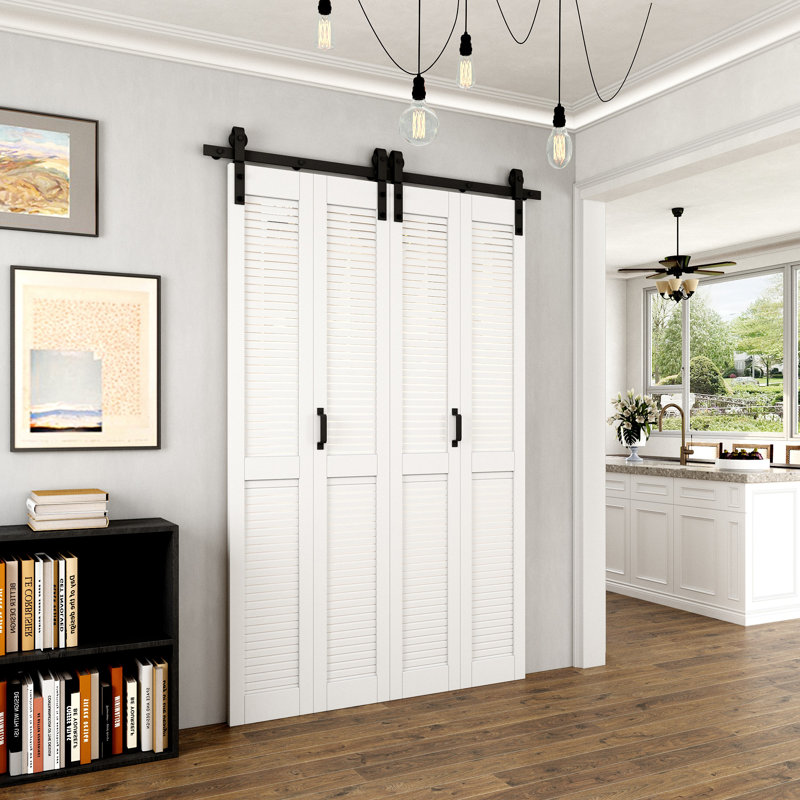 Porte de grange pliante simple en bois 84 po avec apprêt blanc 84 po (quincaillerie incluse), 50 po x 84 po