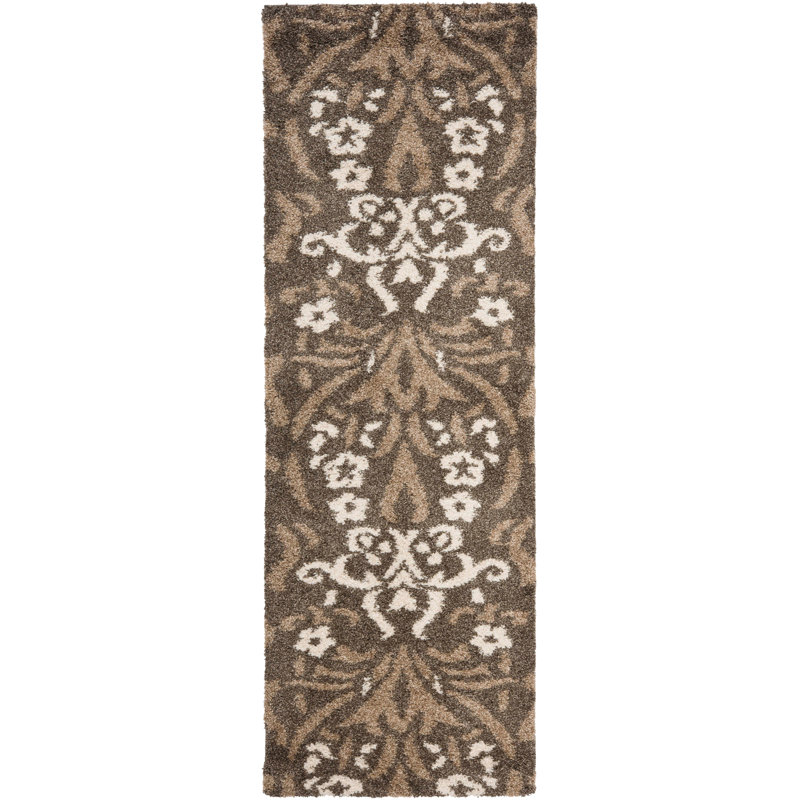 Tapis beige à motif floral Ellyona, Tapis de couloir 2 pi 3 po x 7 pi