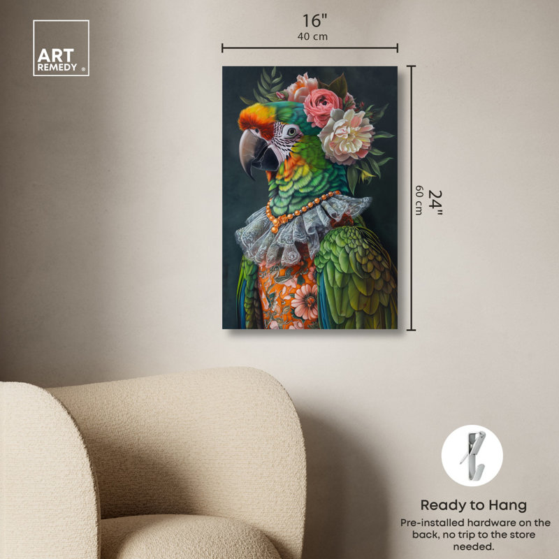 Colorful Parrot Portrait on Canvas with Floral Accents, 24" x 16"