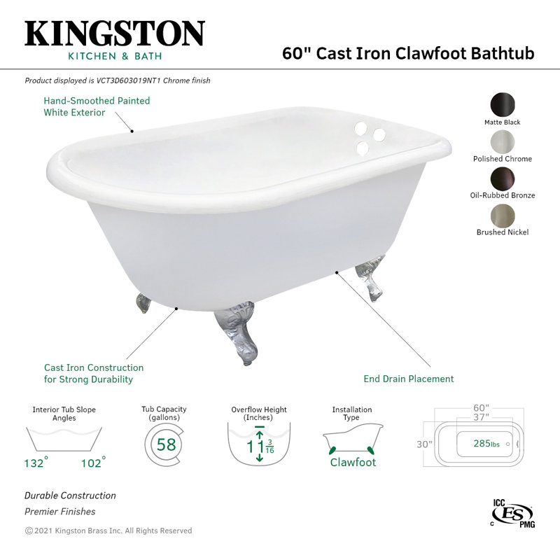Baignoire sur pattes ovale rectangulaire en fonte 60 pouces Kingston Eden, Noir mat