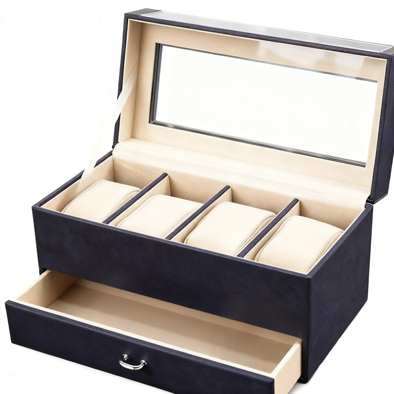 Black Leather Watch Box with Drawer and Glass Top