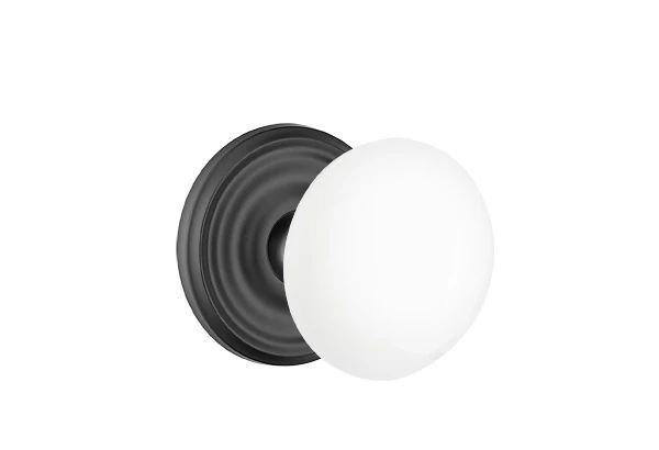 Ensemble de mortaise intérieure Emtek avec rosette régulière et bouton en porcelaine blanc glacé (LH), Dos plat