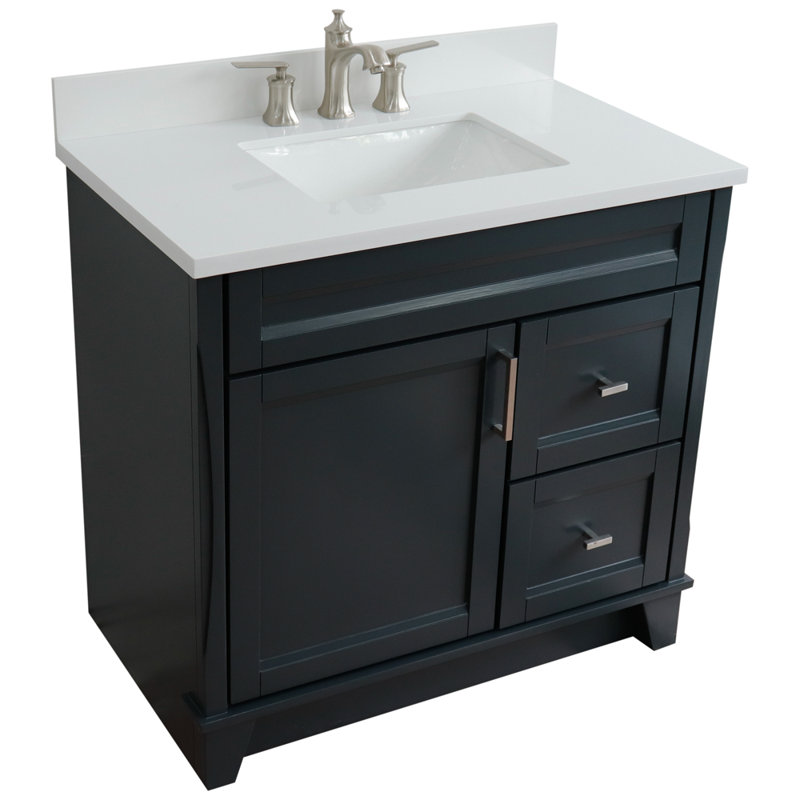 Ensemble de meuble-lavabo simple 37 po Tihomir, Gris foncé, Quartz blanc
