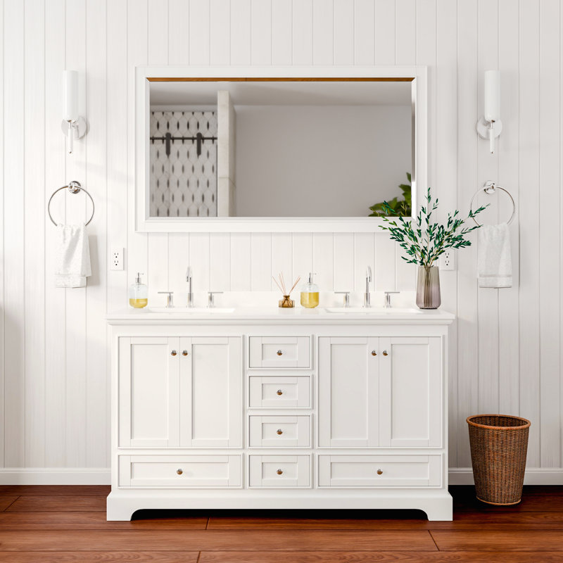 Ensemble de meuble-lavabo double Deborah, Blanc avec garniture chrome poli, Comptoir en marbre de culture blanc