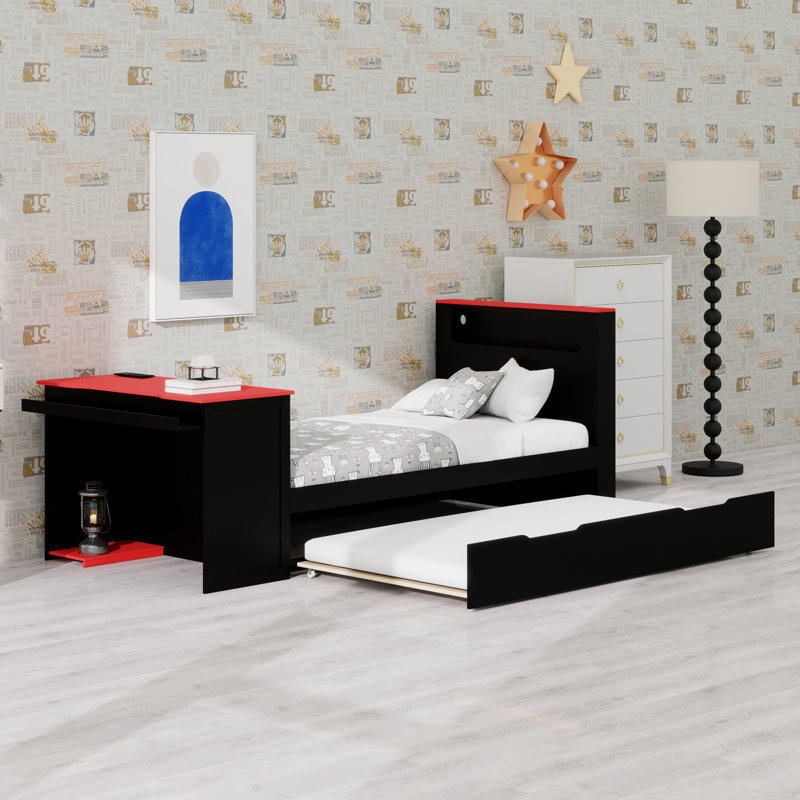 Multifunctional Daybed with Trundle, Desk, Black+Red