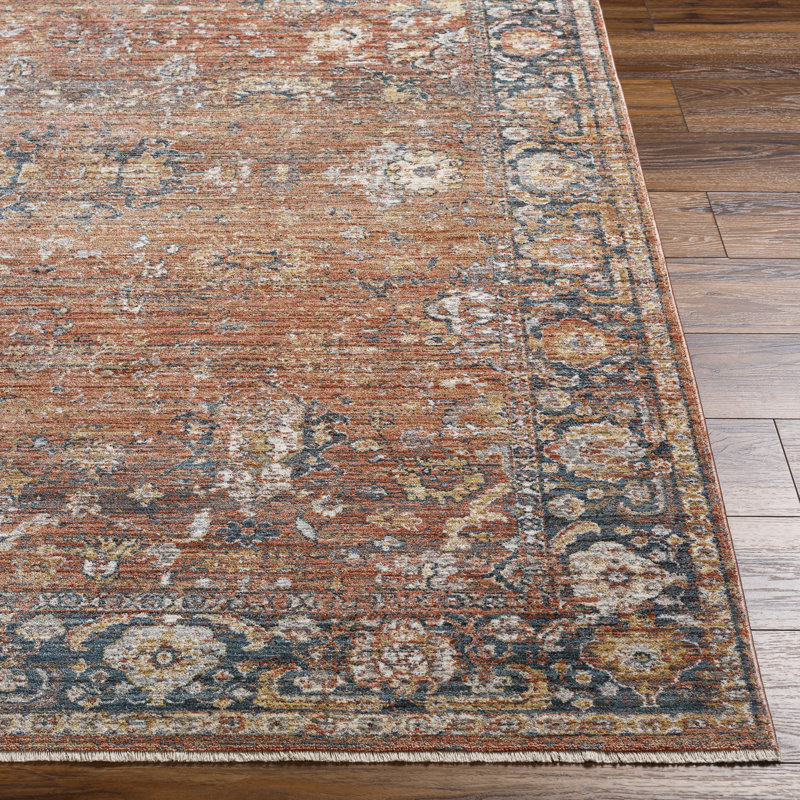 Everly Oriental Machine Made Power Loomed Polyester Area Rug in Rust/Navy, Runner 2'11" x 10'