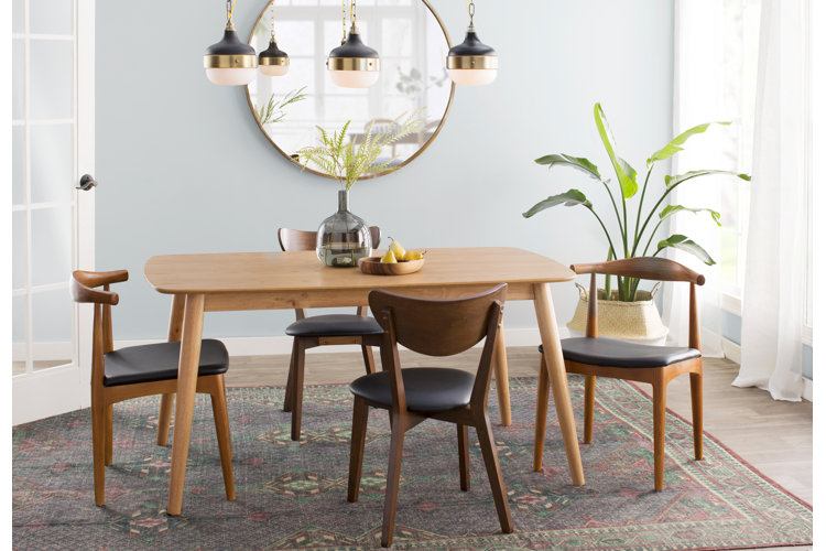 medium-toned rubberwood dining table in a modern dining room