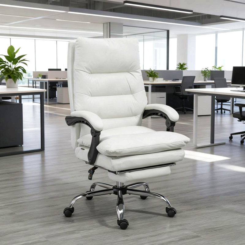 Fauteuil de bureau en microfibre à massage, fauteuil inclinable chauffant avec repose-pieds, Blanc, crème