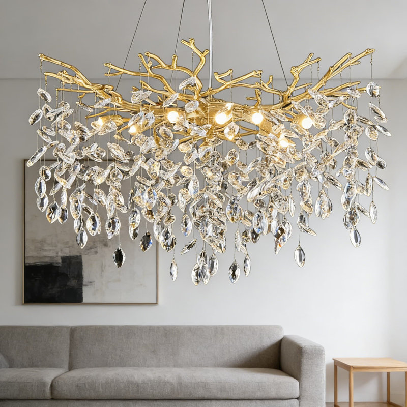 Luminaire de lustre en cristal moderne avec une branche, lustre à DEL doré de luxe de 31,5 pouces pour la salle à manger, l'îlot de cuisine, le salon et la chambre à coucher
