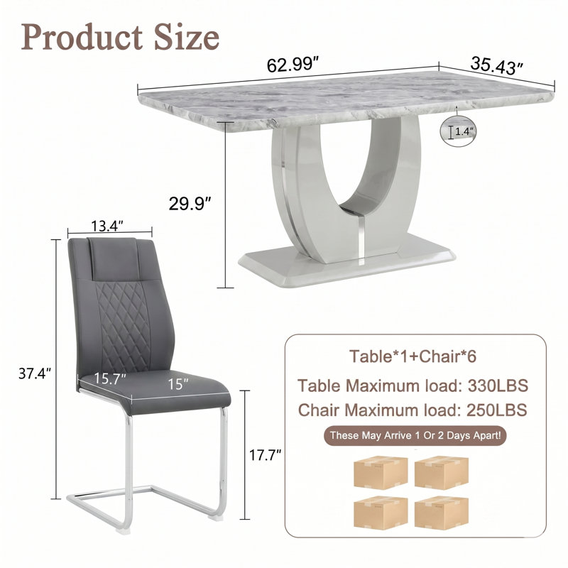 Kimara 5-Piece Modern 63" Rectangular Faux Marble Pedestal Dining Set, Gray, 5 Pieces: Table, 4 Chairs