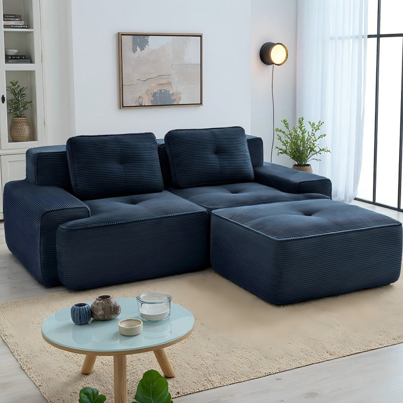 82" Modern L-Shaped Modular Sectional Sofa with Movable Ottoman, Premium Corduroy Fabric 2-Seater Couch with Deep Seat, Tufted Design & No Assembly Required Anti-Slip Base
