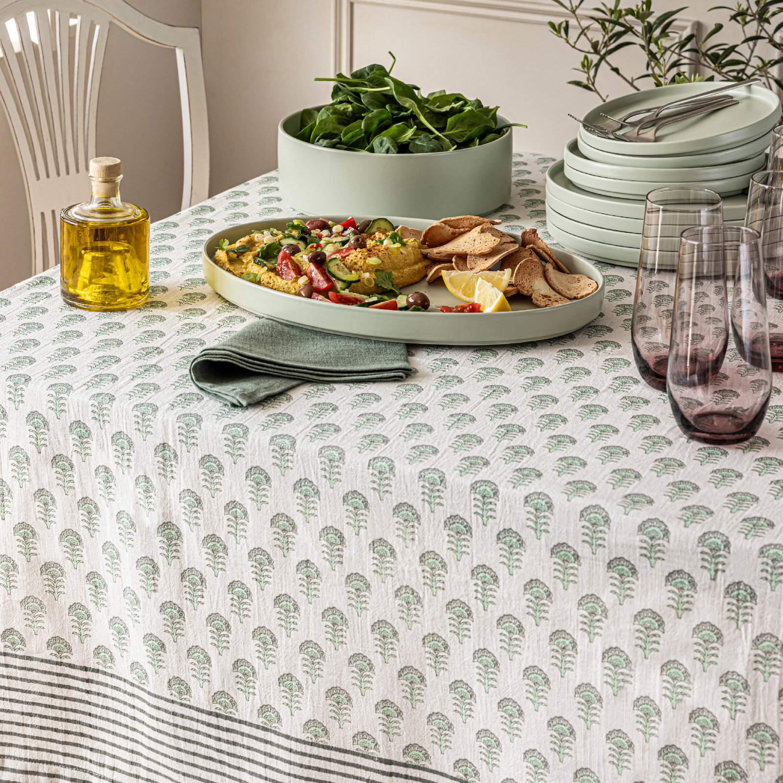over&back Hand-Blocked Tablecloth, Green Flower, 70" W x 108" L