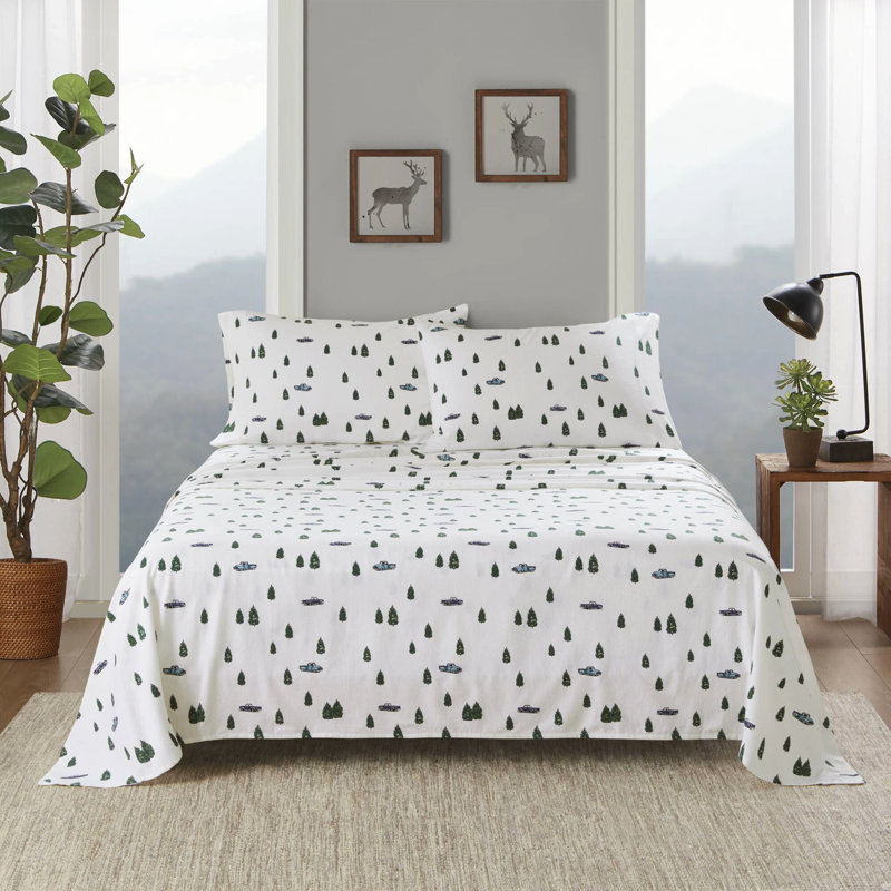 3 Pcs Twin Sheet With Trees & Trucks Pattern 100% Cotton Flannel Twin/Full Fitted Fits 12" Mattress Queen/King/ King 14" Depth Comes 1 Flat 2 Pillowcases Soft Velvet Texture Machine Washable - Design