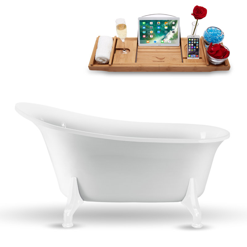 Baignoire de trempage sur pieds 59 "avec drain, pattes et plateau en bambou 59" Streamline, Blanc brillant, Chrome poli