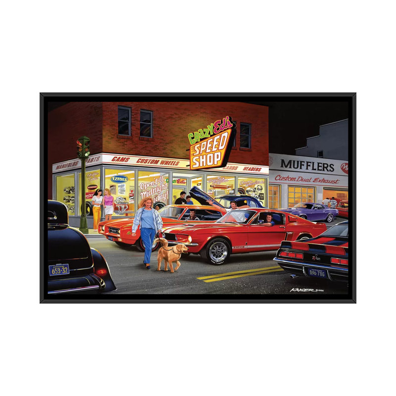 «Crazy Ed's» par Bruce Kaiser - Publicité rétro sur toile, H 32 po x l 48 po x P 1,5 po, Cadre noir