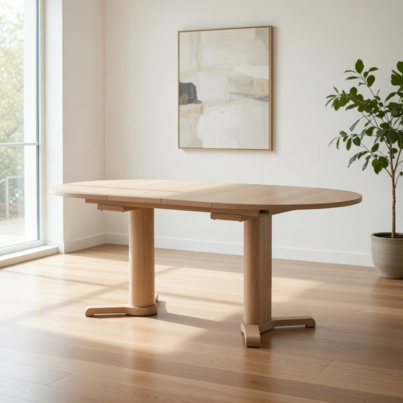 Table de salle à manger Hiny, base piédestal, plateau en bois blanc extensible de 60 à 78 pouces