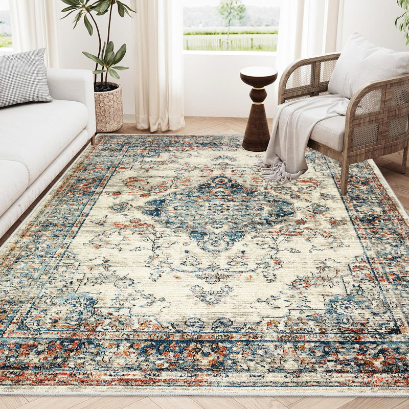 Non-slip Area Rug 8x10, Vintage , Machine Washable For Bedroom Living Room Kitchen, Antique Blue Floral Theme, Flowering Plant Theme
