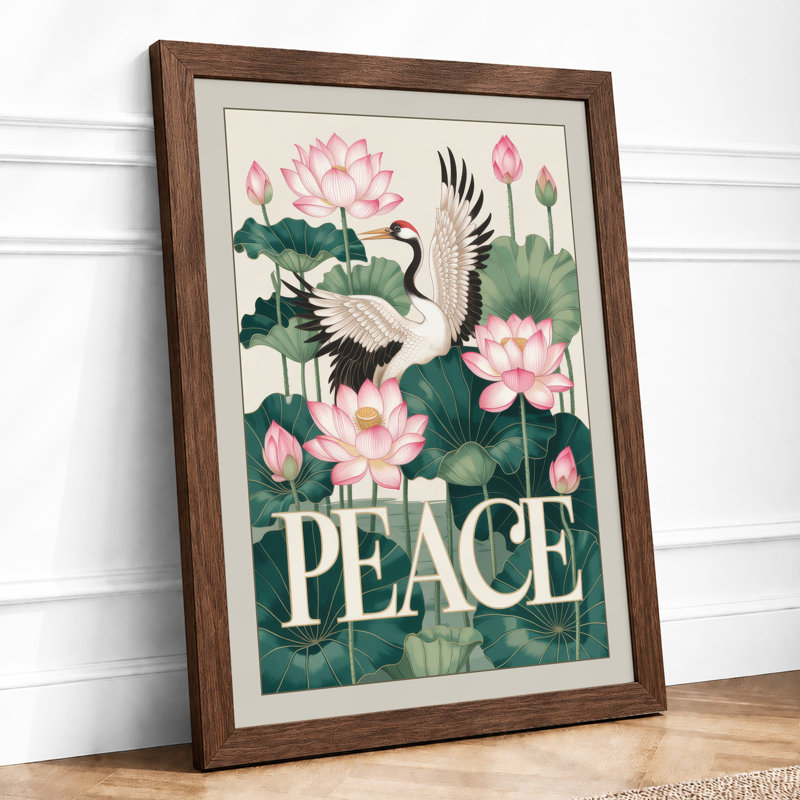 Crane Among Lotus Japandi - Framed Print, A4 - 29.7 x 21.0 cm, Walnut