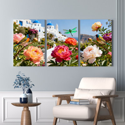 Ensemble de 3 tableaux sur toile tendue représentant un jardin fleuri avec oiseaux et libellule, idéal pour la décoration du salon, de la chambre et de la maison.