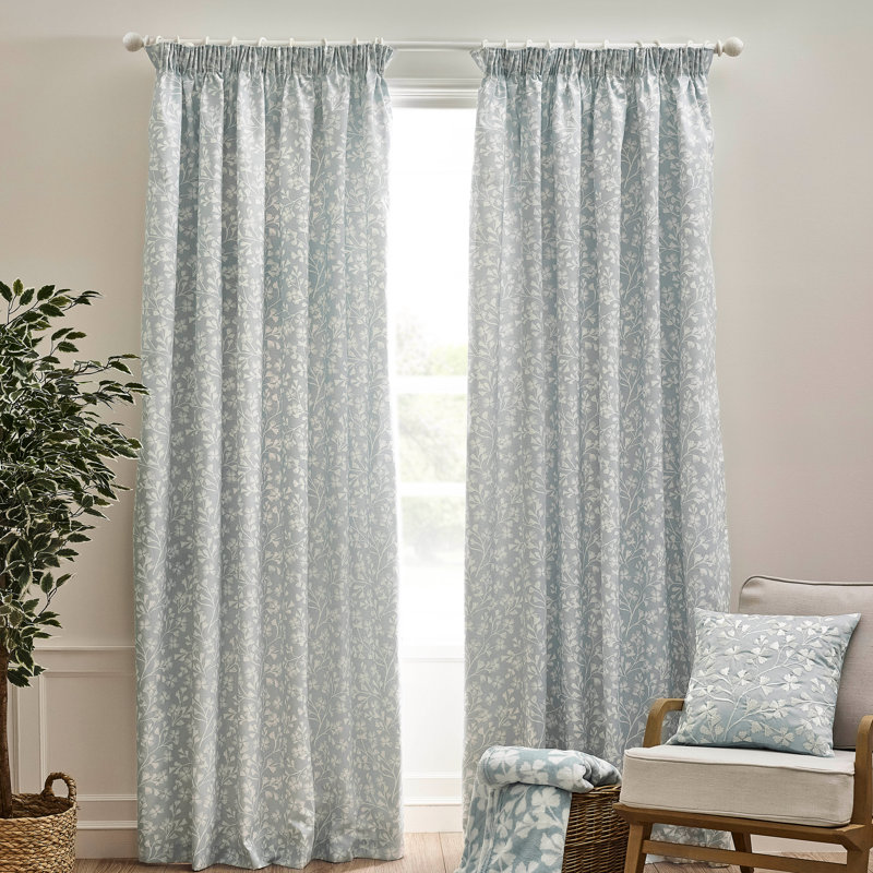 Brooke Floral Lined Pencil Pleat Curtains, Blue, 167.64cm Width x 229cm Drop