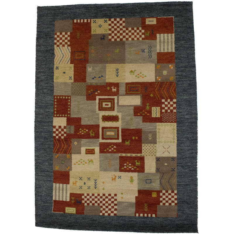 Tapis rouge / brun en laine noué à la main Patchwork