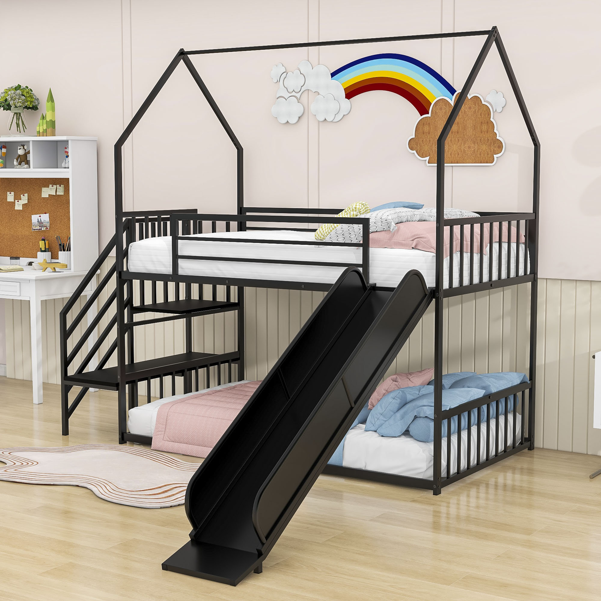 Harper Orchard Salemburg Kids Twin over Twin Metal House Bunk Bed with ...