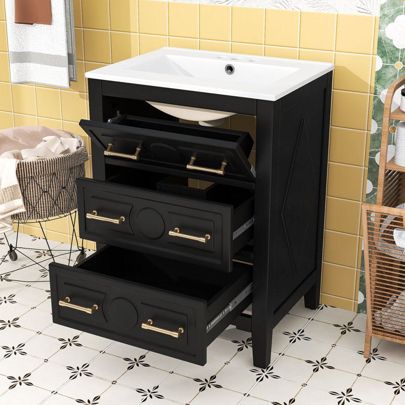 Élégant meuble-lavabo en bois avec tiroirs et lavabo, Noir