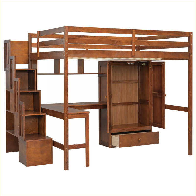 Solid Pine Full Size Multi-functional Loft Bed with Integrated Desk and Storage Solutions, Warm Brown