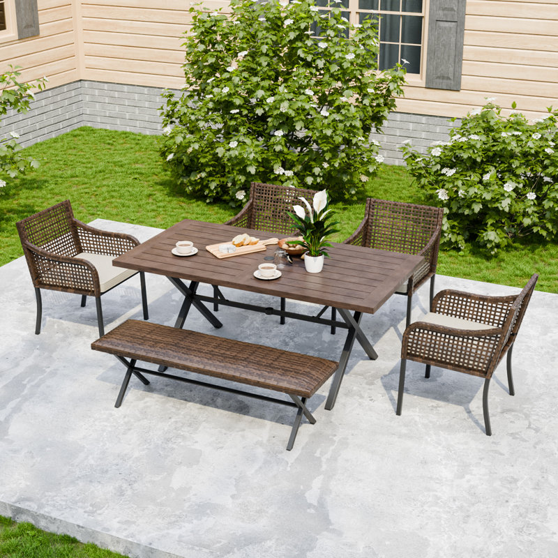 6 Pieces Patio Dining Sets with Rectangular Table & Bench