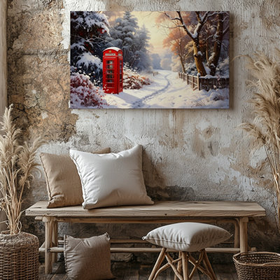 Toile, cabine téléphonique rouge, hiver, forêt, allée avec neige et nostalgie, art mural prêt à accrocher