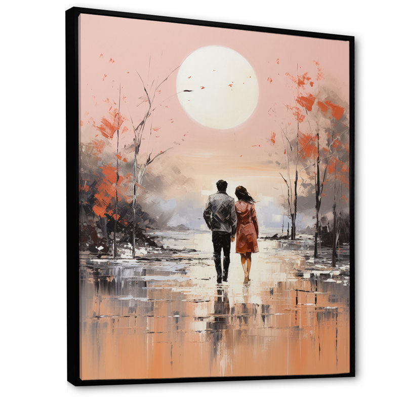 Cantera couple marchant sur la plage, H 32 po x l 16 po x P 1 po, Cadre flottant noir