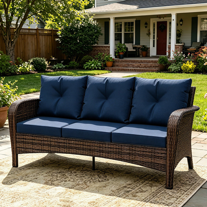 3-person Patio Rattan Sofa With Wide Armrests, Blue