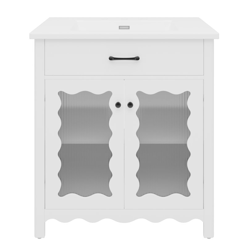 31" Bathroom Vanity With Tempered Glass, White, White