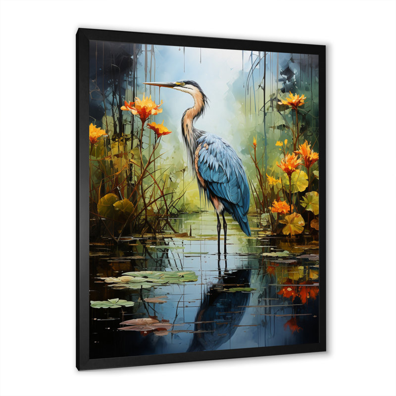 Décoration murale Lason Heron Silent Waters Pointillism I - Heron, Cadre simple noir, H 20 po x l 12 po x P 1 po