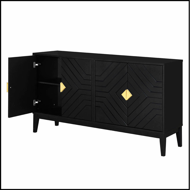 Armoire de rangement à 4 portes avec tablette réglable et poignées dorées pour un salon et une salle à manger élégants