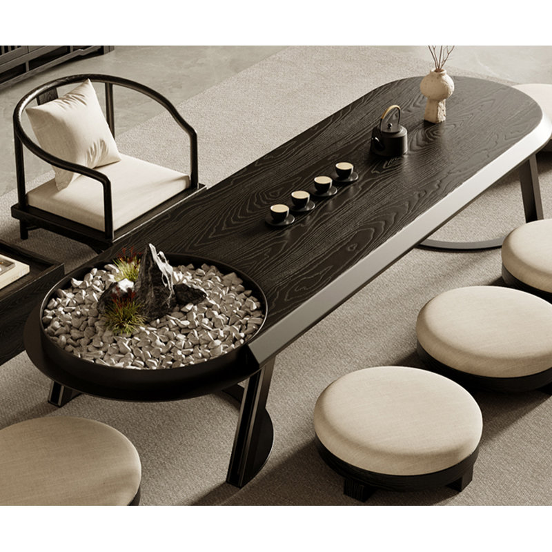 Table basse ovale en bois massif noir et fer, H 13,78 po x L 55,12 po x l 23,62 po