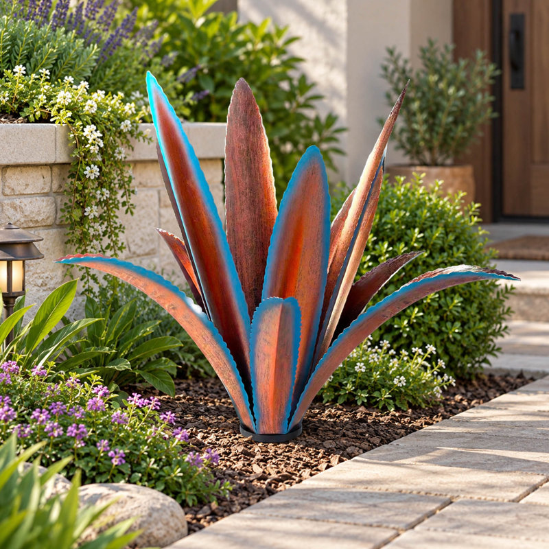 Sculpture de jardin en métal bleu représentant un agave à 12 feuilles, pour la décoration extérieure de votre pelouse.
