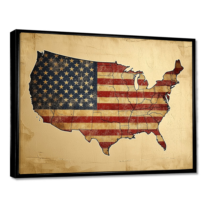 Art mural pour salon Laakkonen, drapeau rétro et carte des États-Unis, H 30 po x l 40 po, Impression encadrée flottante, Noir