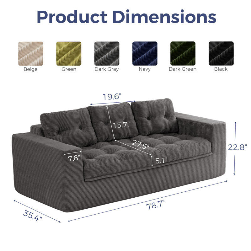Canapé en velours côtelé 79 po 79 po avec deux coussins inclus, P 35,4 po x l 79 po x H 15,7 po, Gris foncé