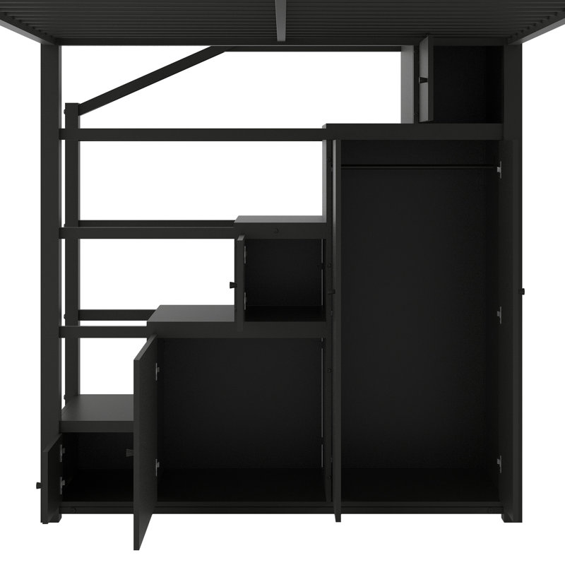 Lit mezzanine en métal peu encombrant avec tablettes de rangement et garde-robe, style moderne