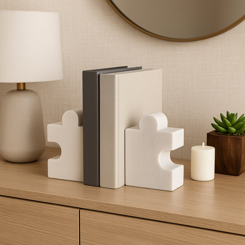 Modern Marble Puzzle Piece Bookends for Home Decor - Decorative Sculptural Book Ends for Bookshelf or Desk Styling - Set of 2  7", White